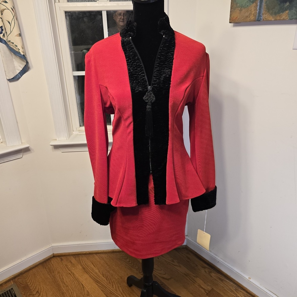 Red Skirt Suit Blazer Jacket Black Trim Womens Size 10 NWT Peplum‎ Retails $219